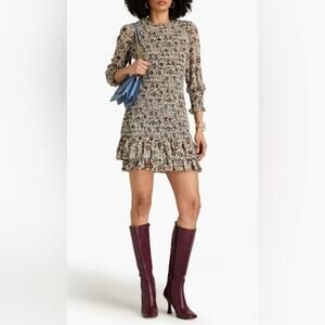 Veronica Beard Farha 3/4 Sleeve Smocked Ruffled Floral Mini Dress Ecru Size 2